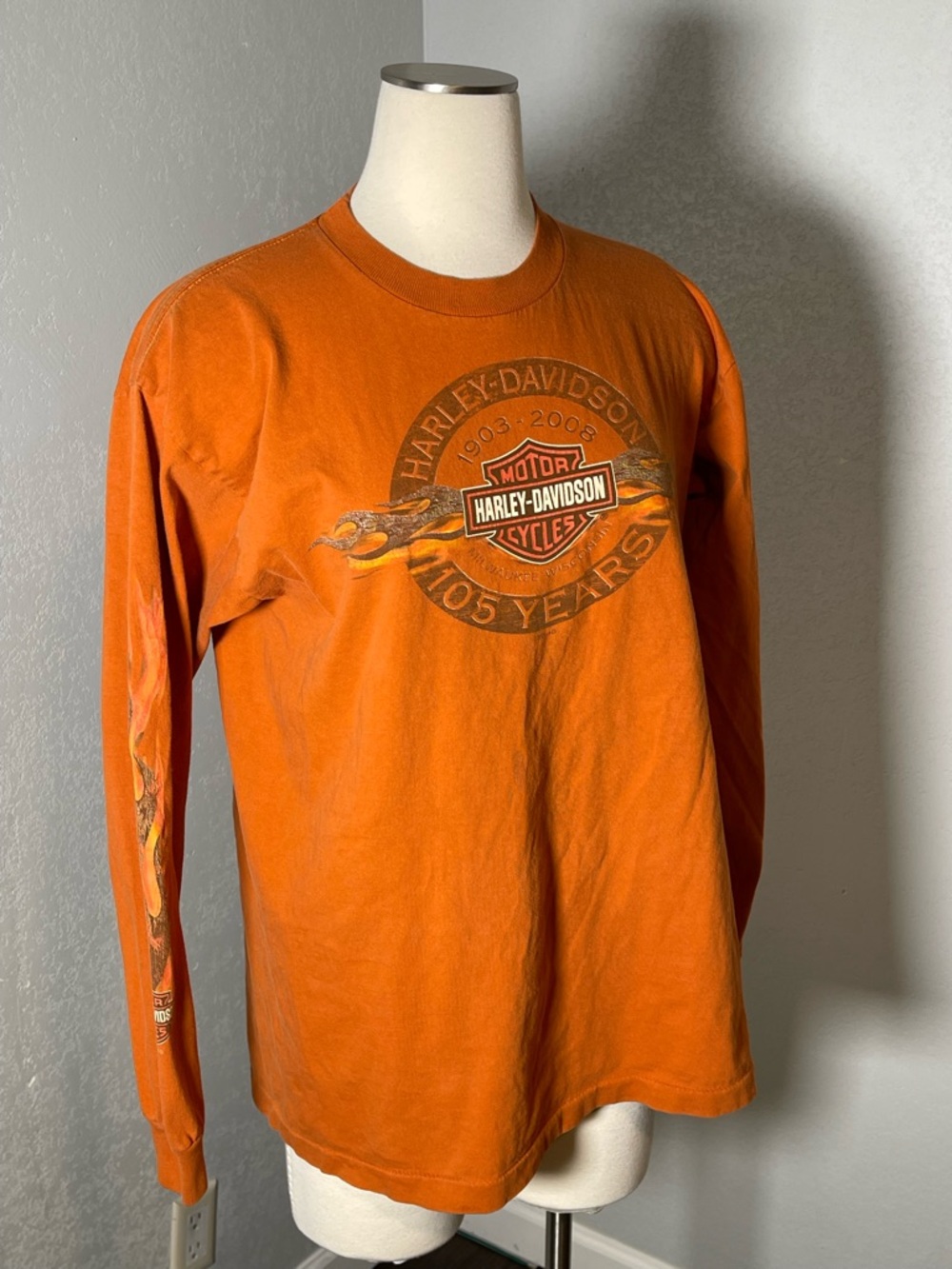 Harley-Davidson Orange Long Sleeve 105 Years Flame Graphic Tee VNTG